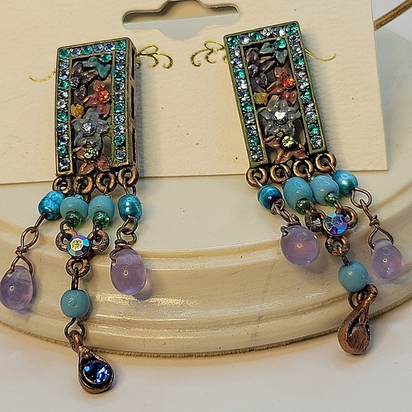 Blue and Lavender Crystal and Beaded Flower Dangle  Earrings - Picture 2 of 16